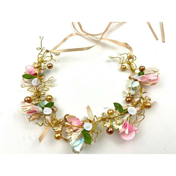 Pink Blue Floral Beaded Ribbon Wire Metal Headband Tiara Bohemian Hair Wrap NEW - Picture 8 of 11